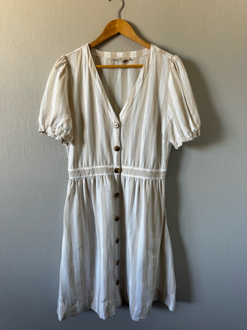 LOFT Button-Front Linen Blend Cream Stripe Puff-Sleeve Dress